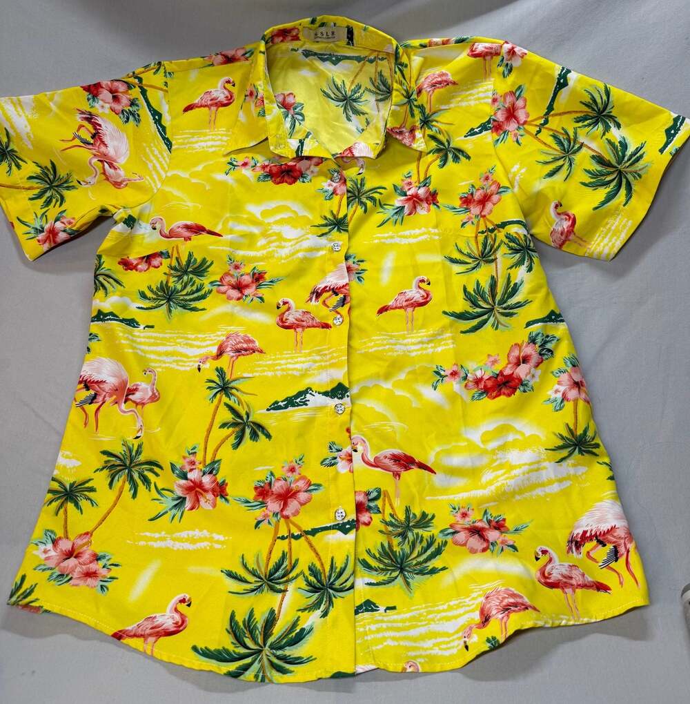 SSLR Women's Collection Flamingo Tropical Print Button Down Shirt Size L
